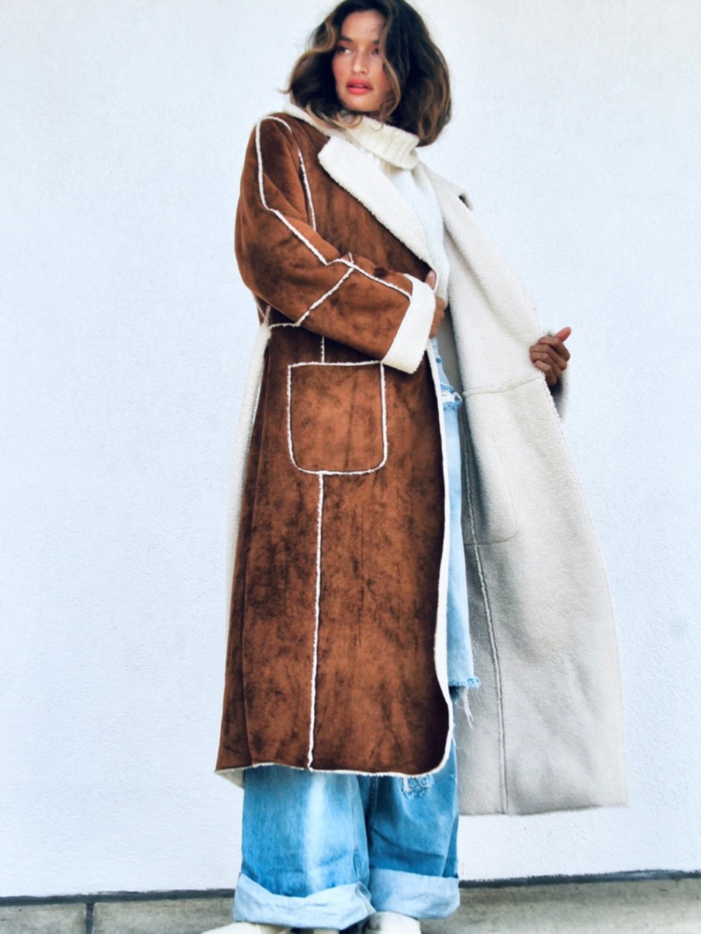 Cyrus Faux Suede Shearling Wrap Coat Duster Jacket Trench Cognac Brown Small